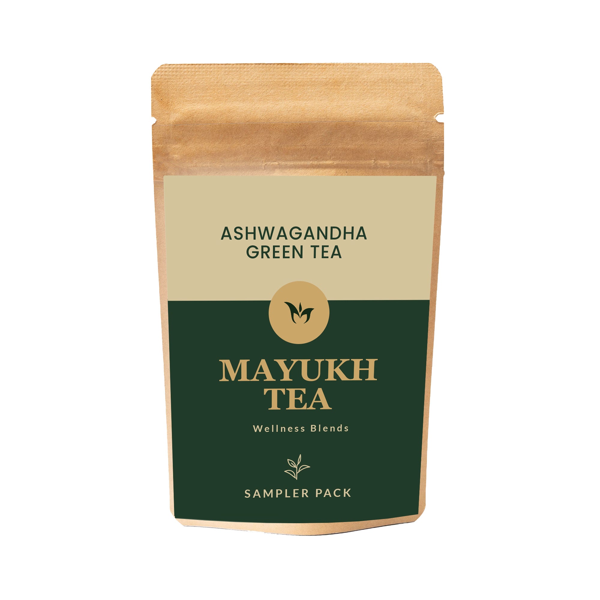 Ashwagandha Green Tea Herbal wellness tea with ashwagandha, included in the Wellness Blends Sampler Pack for stress relief and rejuvenation.