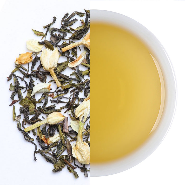 Green tea blended with fragrant jasmine blossoms for floral aroma