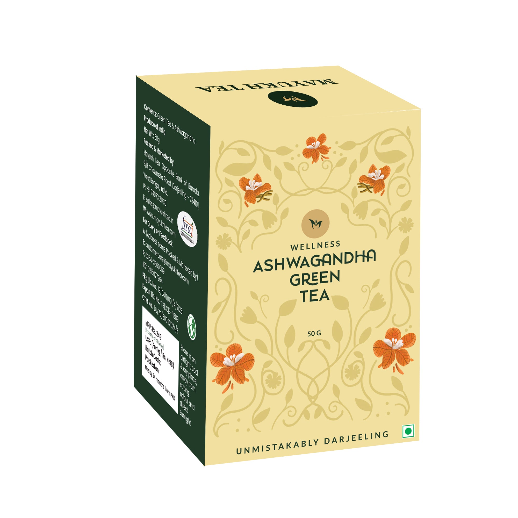 Green tea blended with Withania somnifera root for calming flavor